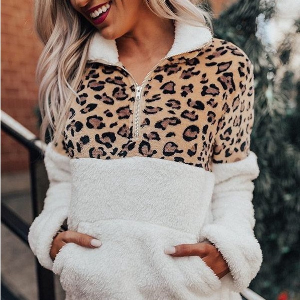 leopard animal print plush women half zip sweater pullover